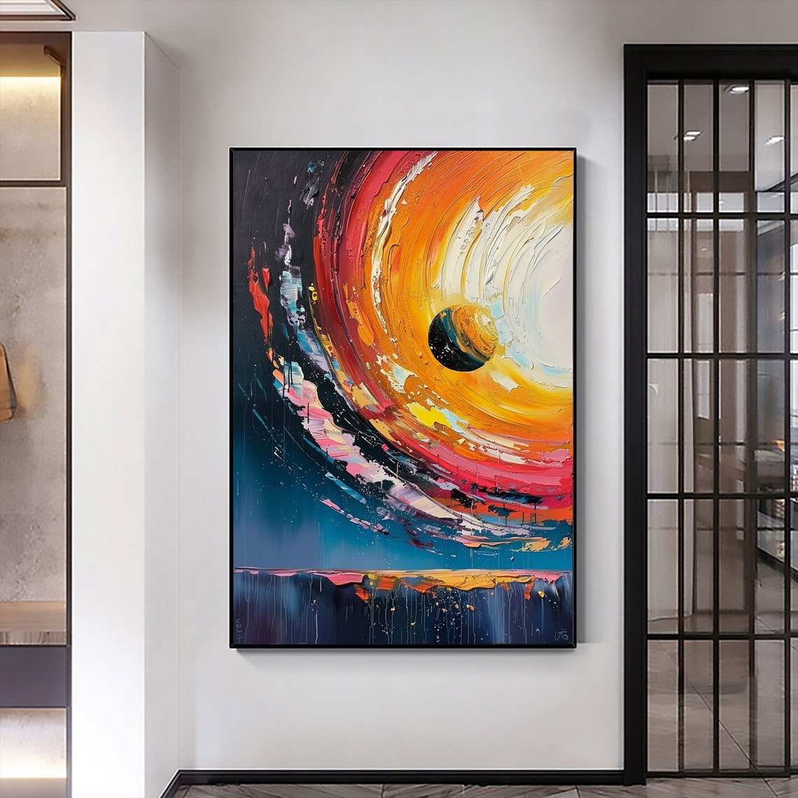 Colorful Swirling Cosmic Sunset Vertical Oil Painting Art Print - Image 5