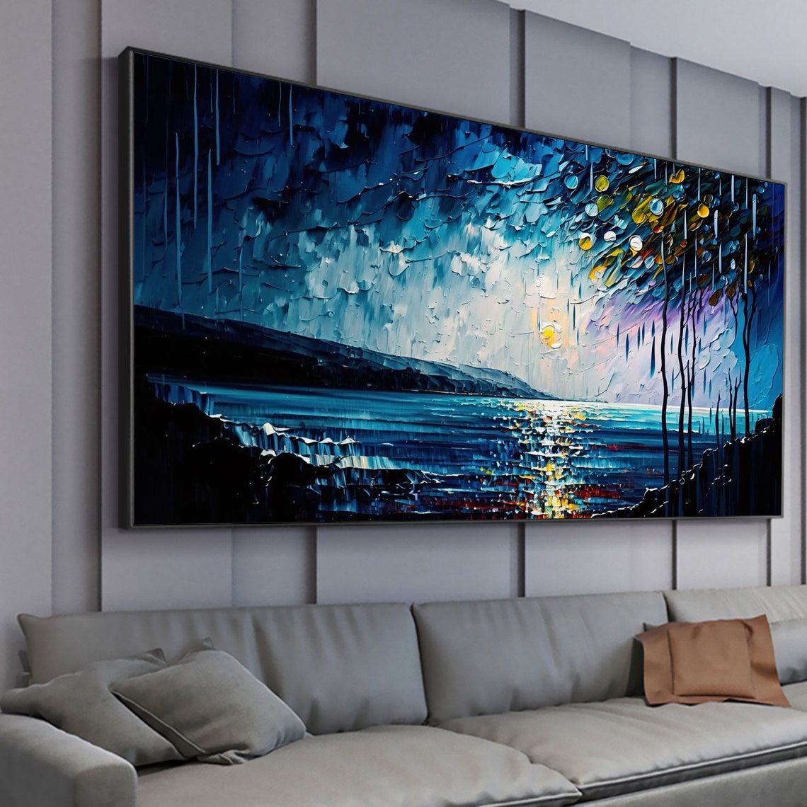 Moonlit Ocean Night with Willow Branches Oil Painting Art Print - Image 4