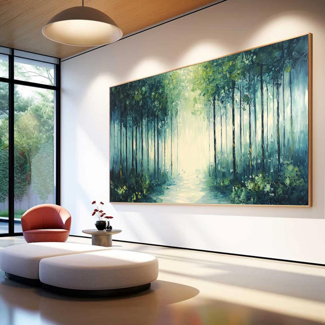 Misty Forest Path Light Beam Panoramic Oil Painting Art Print - Image 3