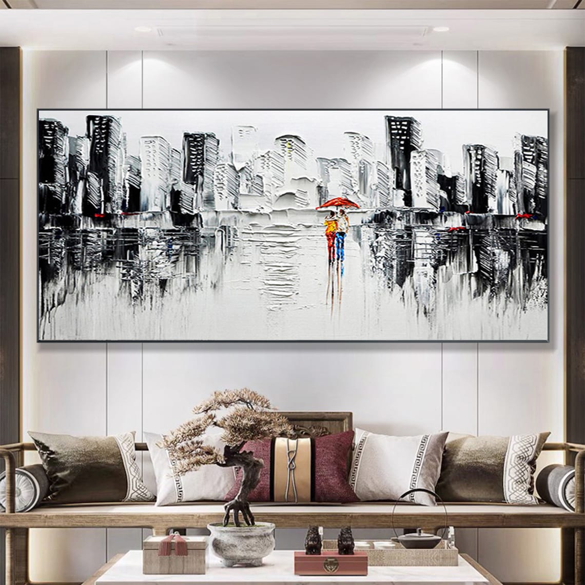 Romantic Couple Sharing Red Umbrella in Rainy Black City Poster - Image 5