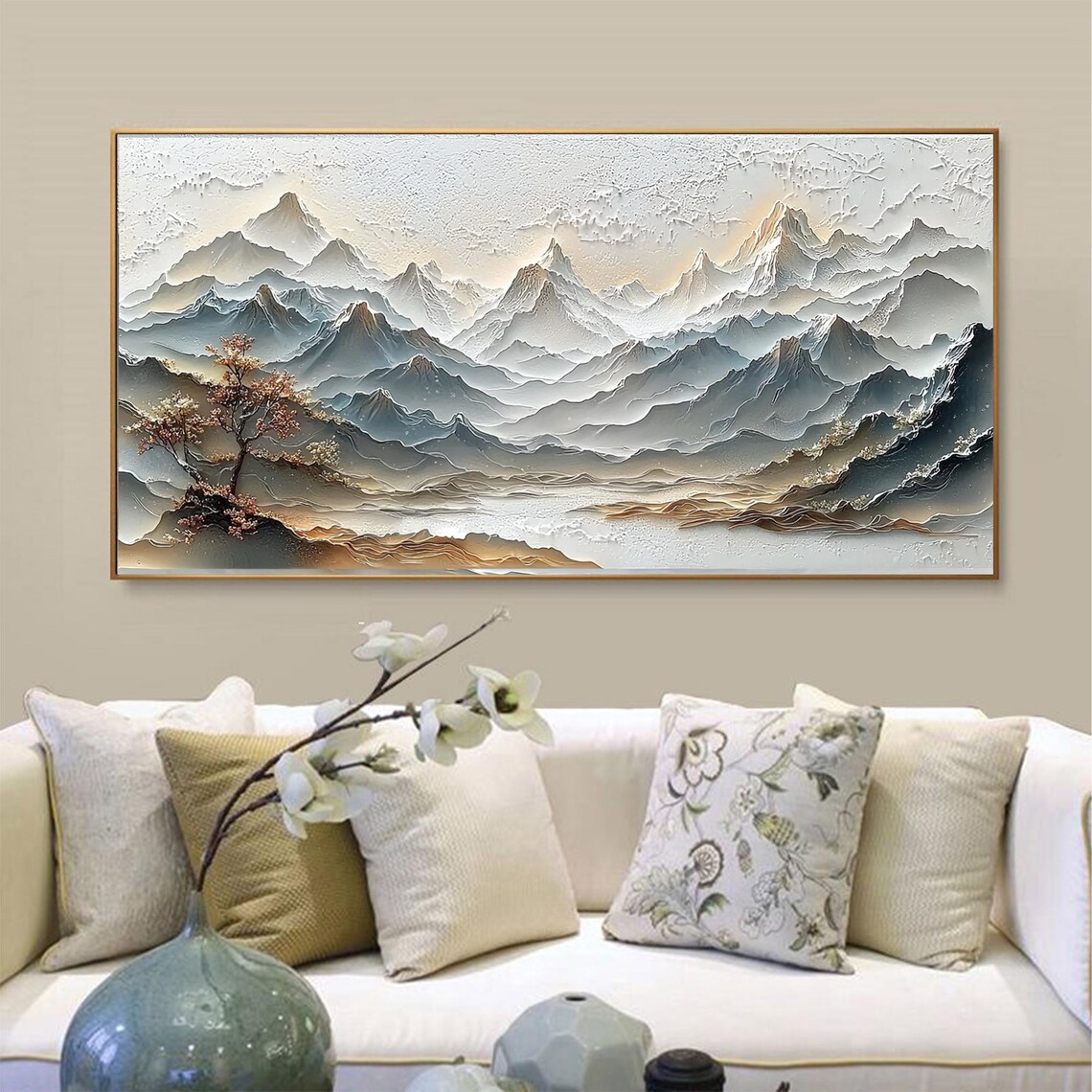 Serene White Relief Mountain Range in East Asian Style Poster