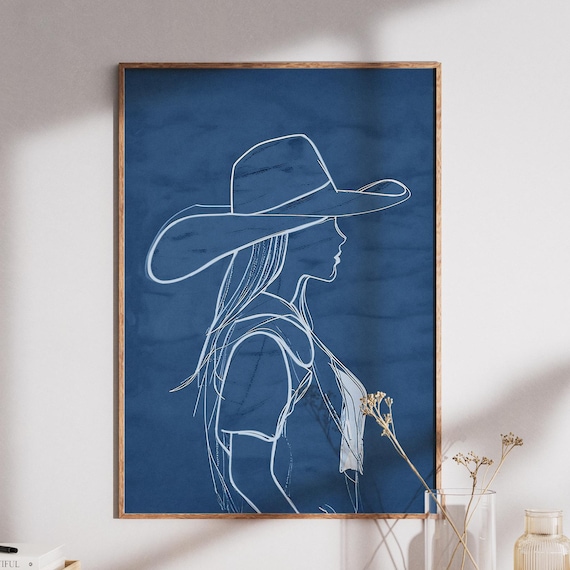 Cowgirl Silhouette Line Art Navy Blue Western Hat Woman Wall Poster