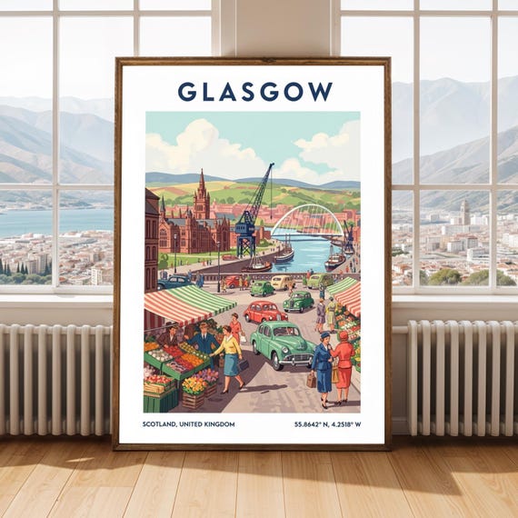 Glasgow Market Scene Poster Vintage Retro Travel Illustration