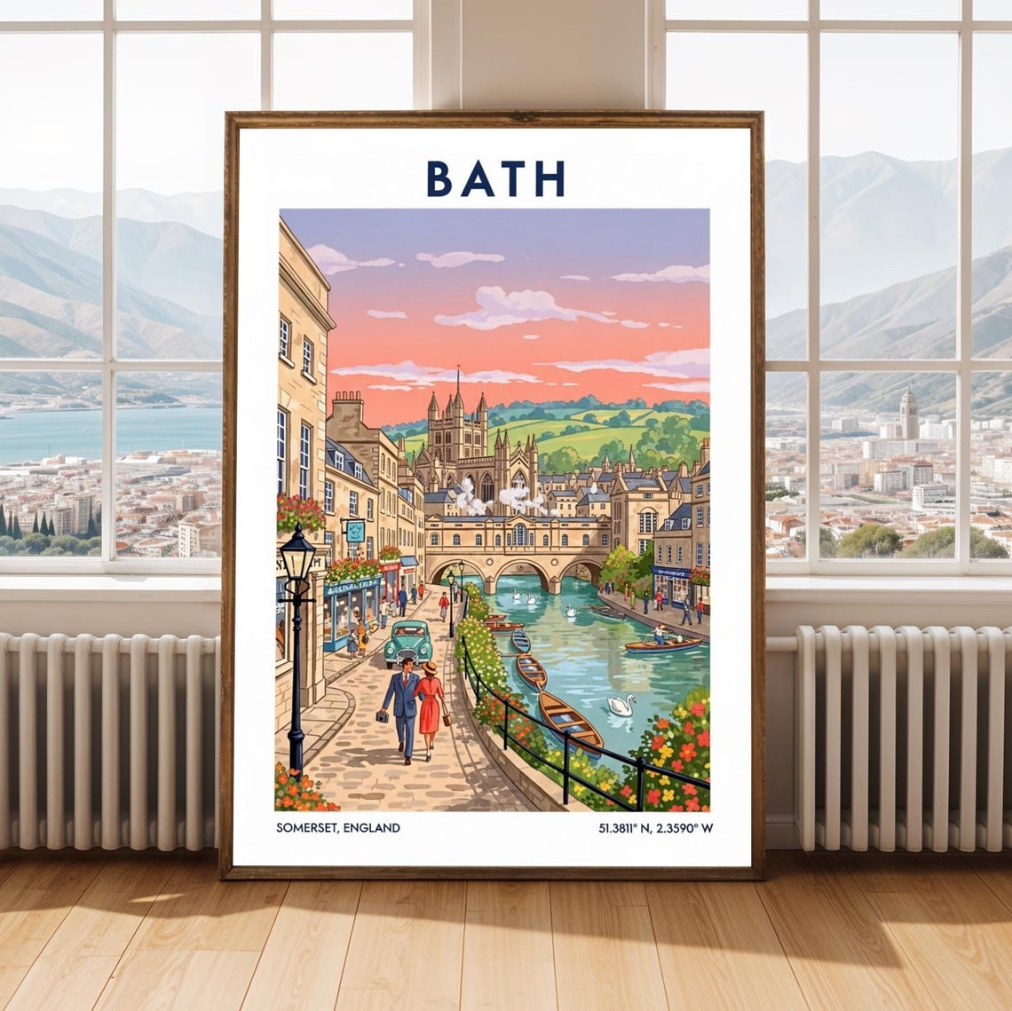 Bath Abbey Pulteney Bridge Sunset Retro Travel Poster England Art