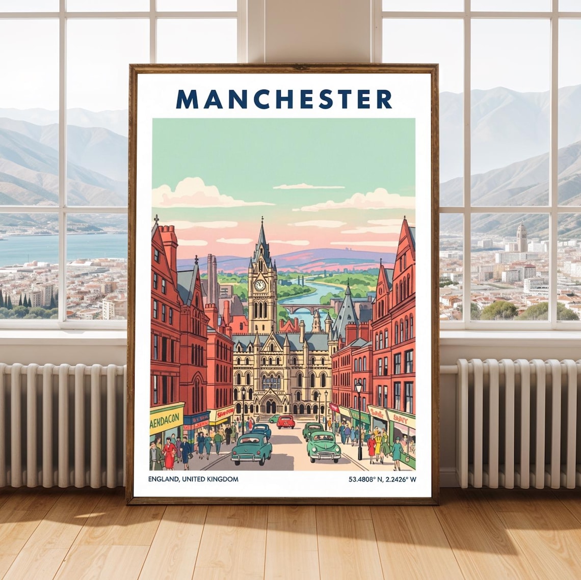 Manchester England Travel Poster Historic Town Hall Classic Cars Street Art
