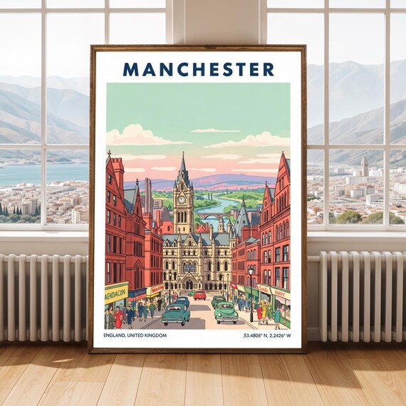Manchester Town Hall Print Vintage Uk Cityscape Art