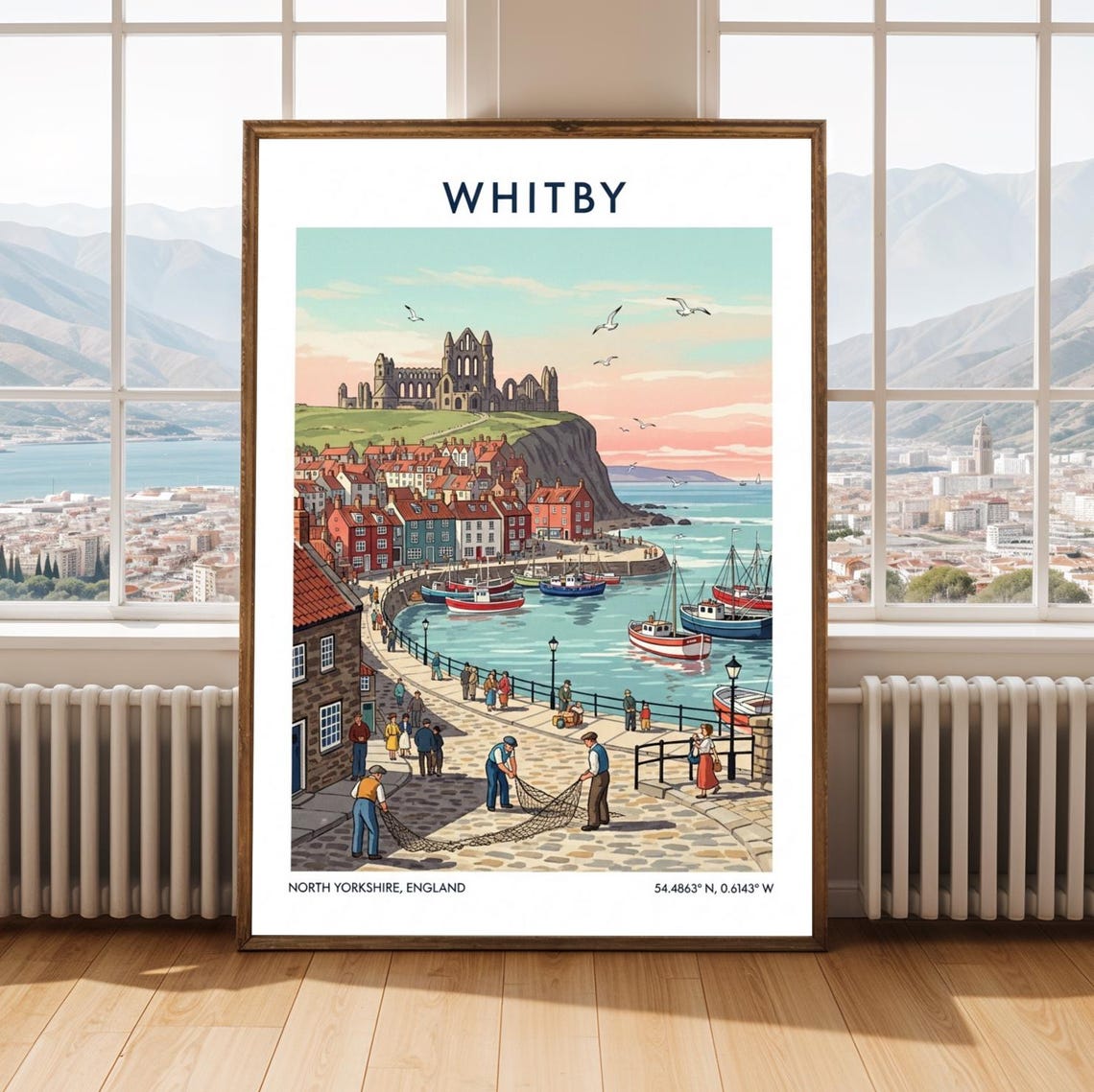 Whitby Harbor Abbey Ruins Fishing Boats Vintage England Travel Poster