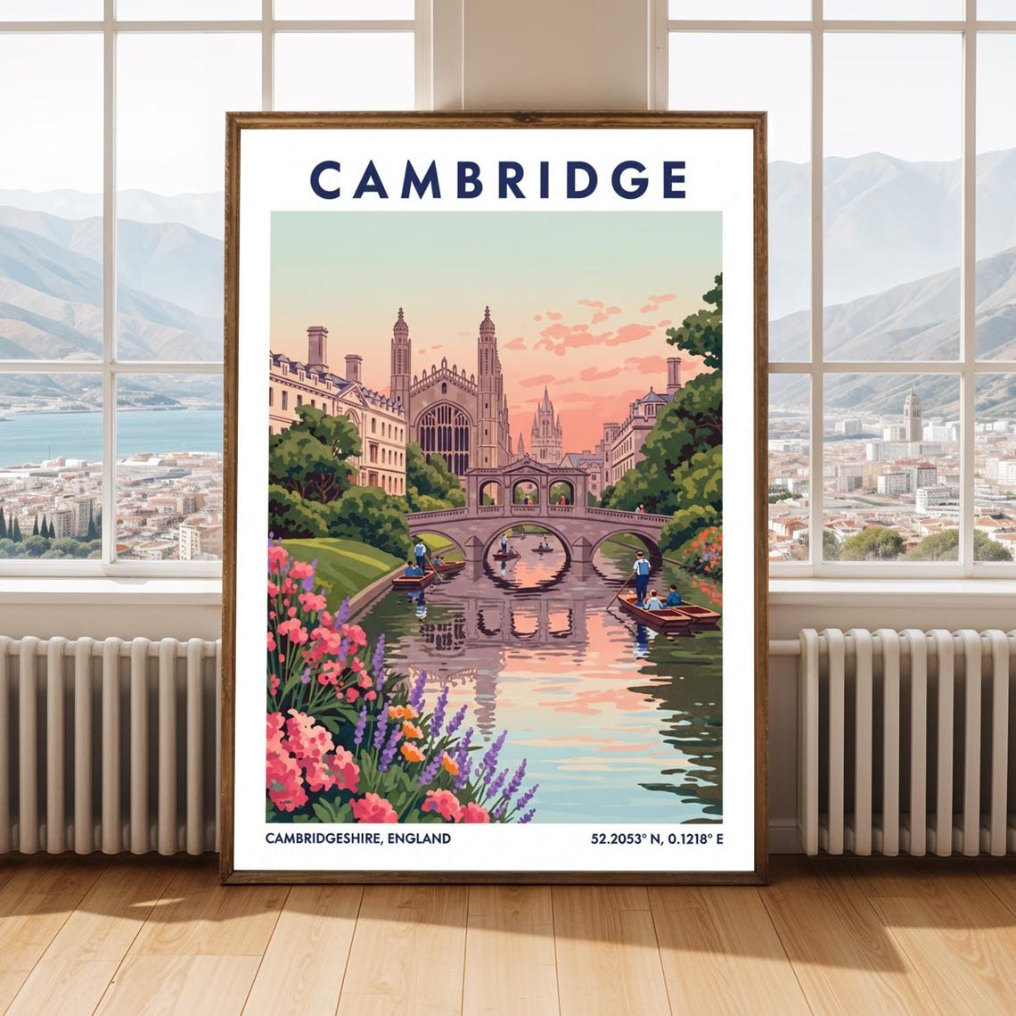 Cambridge England College Chapel Punting River Travel Poster