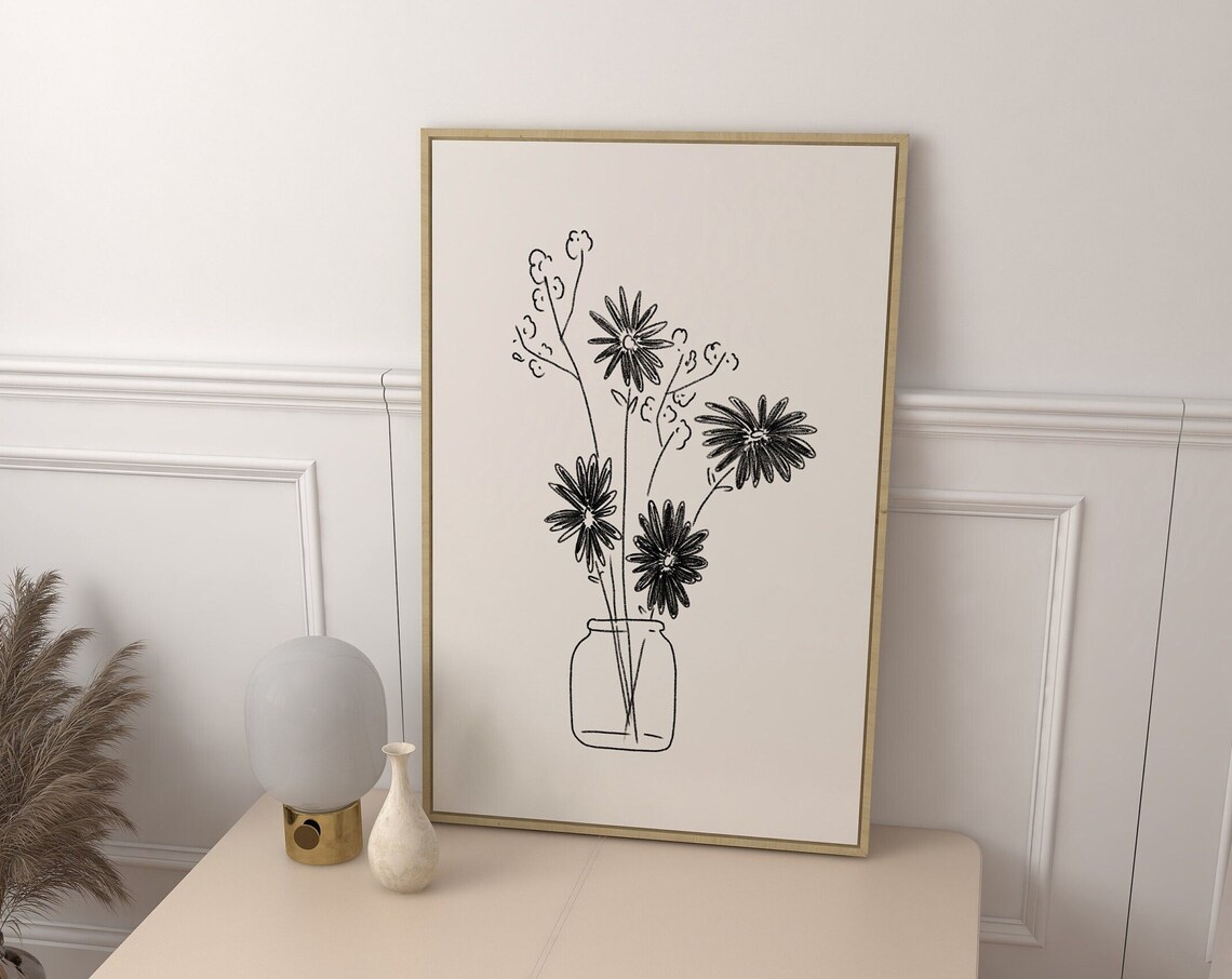Daisy Flowers Mason Jar Black Line Drawing Botanical Wall Poster