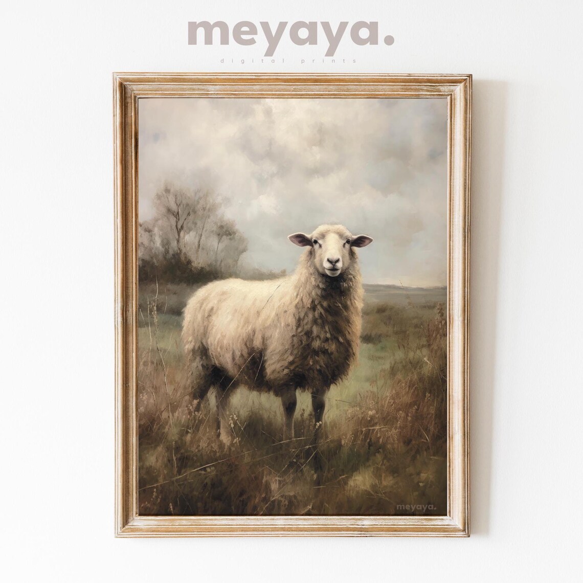 Vintage Sheep Oil Painting, Farmhouse Landscape Art