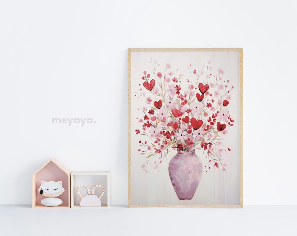 Pink Red Hearts Wildflower Vase Spring Romantic Floral Wall Print - Image 2