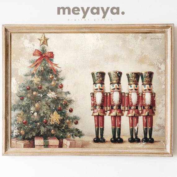 Christmas Nutcracker Print Vintage Holiday Painting Moody Print Oil Painting Aesthetic Minimalist Wall Art Xmas Wall Decor Red Bow Art