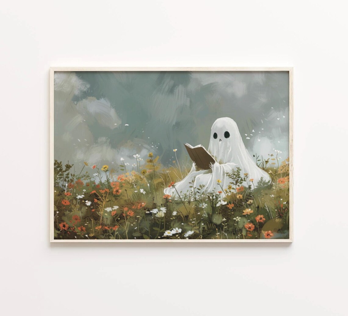 Cute Ghost Reading A Book In A Colorful Wildflower Field Poster - Image 3