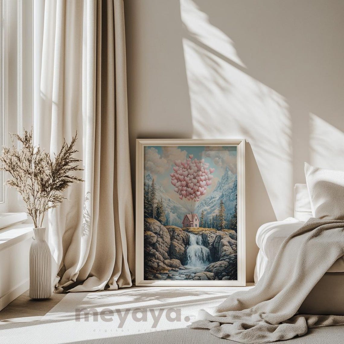 Heart Balloon House Flying Over Waterfall Mountain Wall Print - Image 2