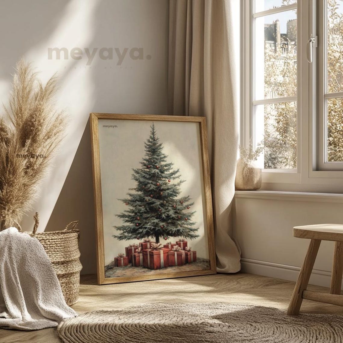 Christmas Tree Red Ornaments Gifts Rustic Vintage Holiday Poster - Image 5