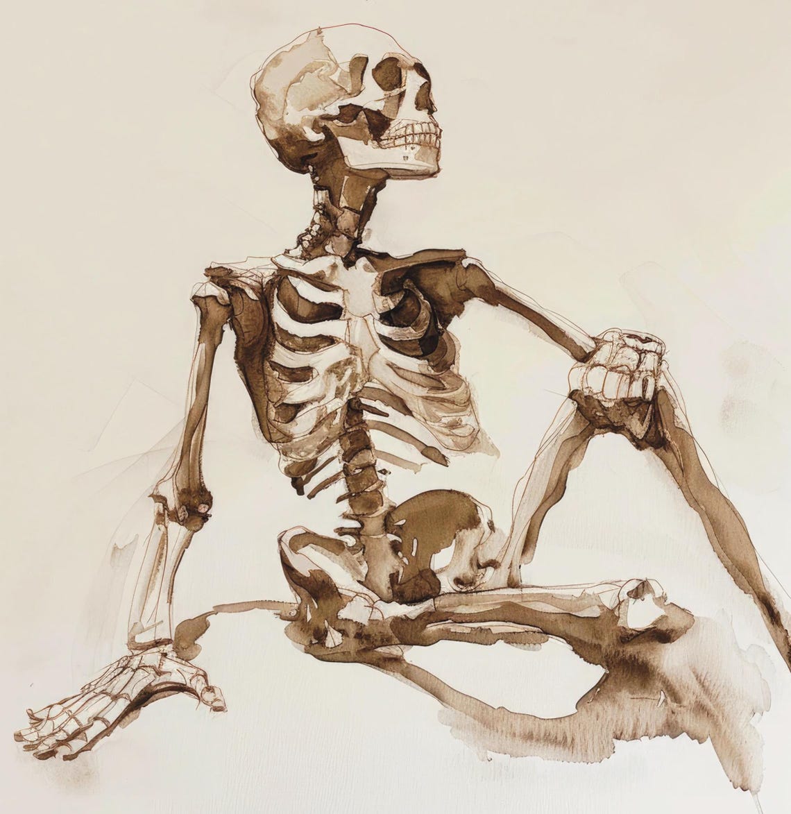 Seated Human Skeleton Sepia Ink Study On Cream Background Poster - Image 6