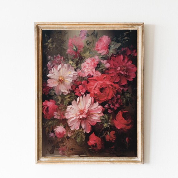 Moody Dark Botanical Roses Pink Red Floral Oil Painting Poster