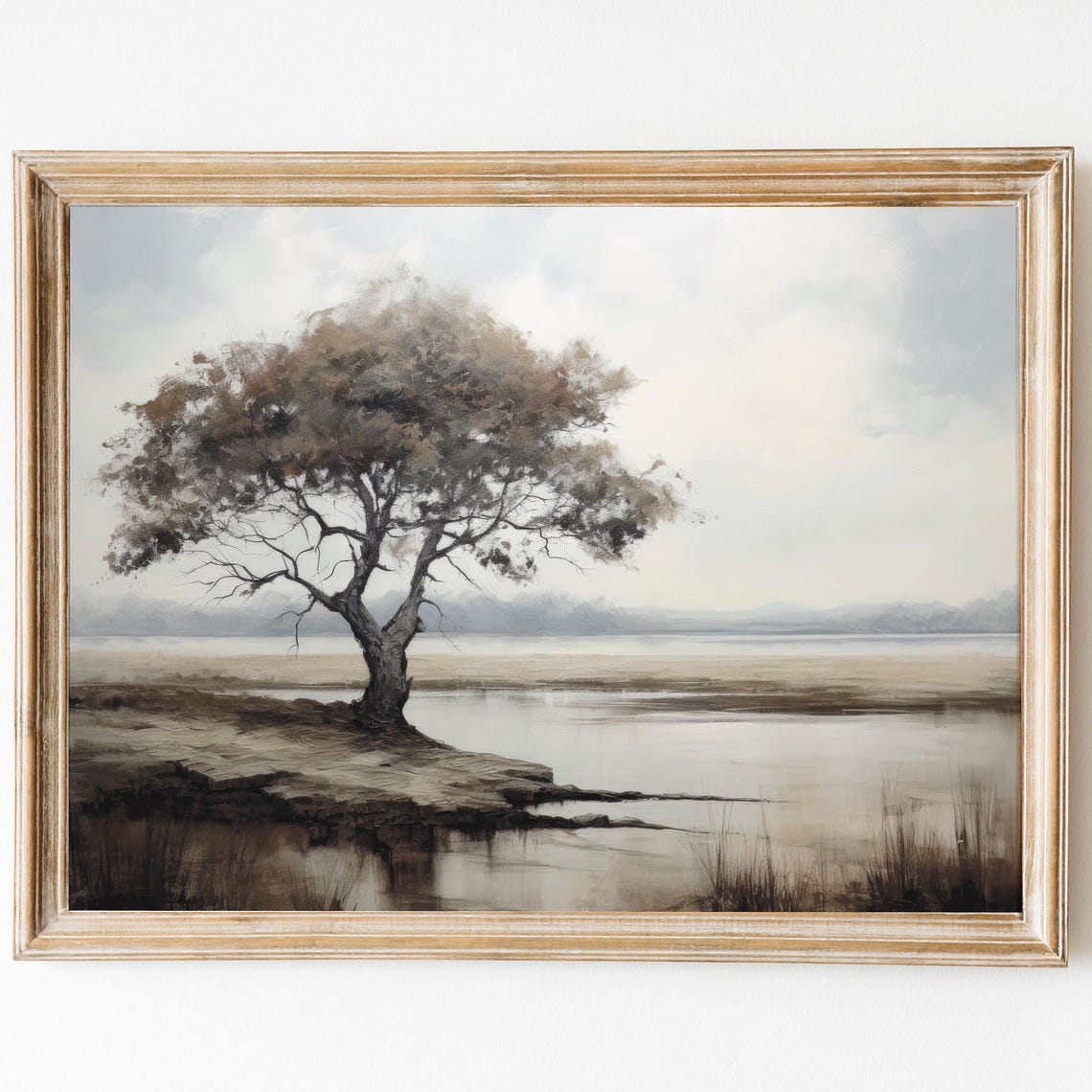Lone Tree On A Rocky Shore By A Calm Lake Muted Landscape Poster
