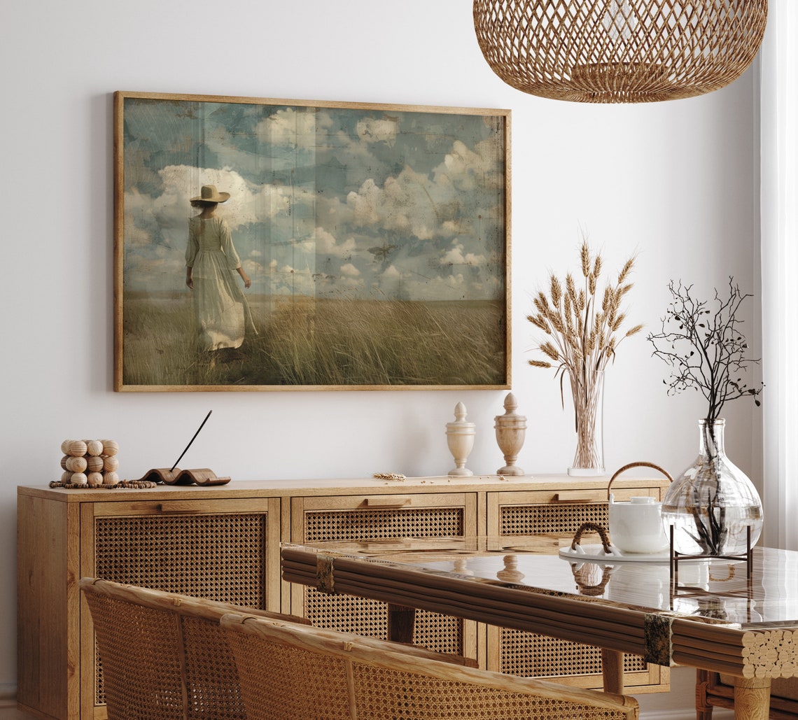 Pioneer Woman Print Muted Country Landscape Print Vintage Farmhouse Decor Woman Walking Wheat Field Painting Neutral Wall Art - Image 3