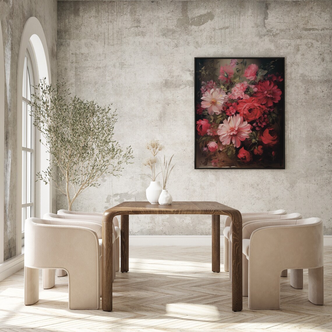 Moody Dark Botanical Roses Pink Red Floral Oil Painting Poster - Image 3