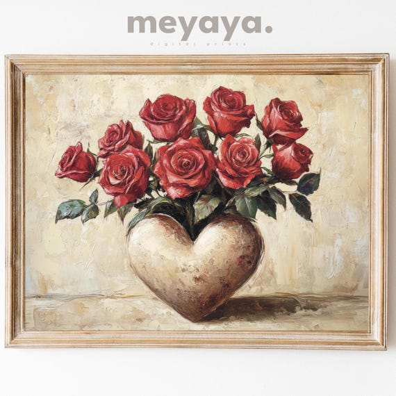 Vintage Valentines Wall Art Heart Painting Rustic Romantic Decor Valentines Heart Vase And Roses Painting Moody Flower Print
