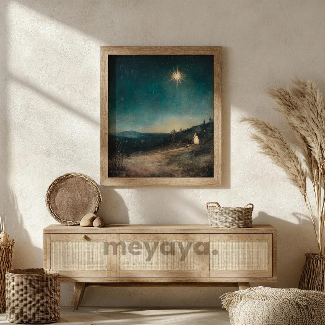 Star of Bethlehem Night Hills Cottage Deep Teal Christmas Poster - Image 2