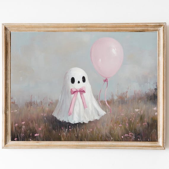 Coquette Cute Ghost With Pink Balloon Print Pastel Halloween Decor Pink Girly Halloween Print Preppy Halloween Ghost Print Cottagecore