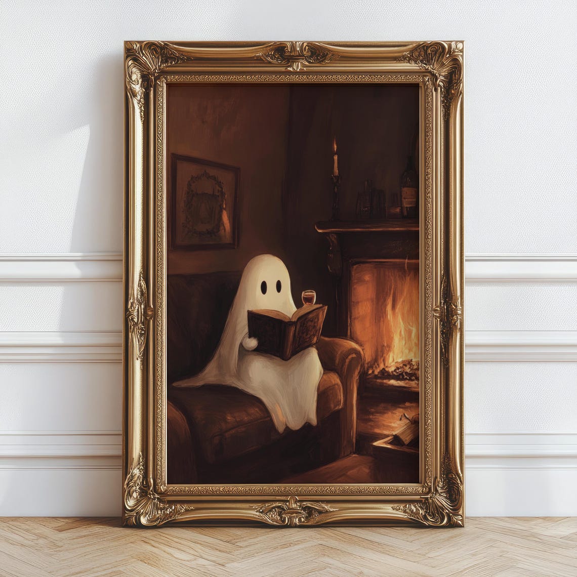 Cozy Ghost Reading by the Fireplace Fall Painting Art Wall Poster - Image 6