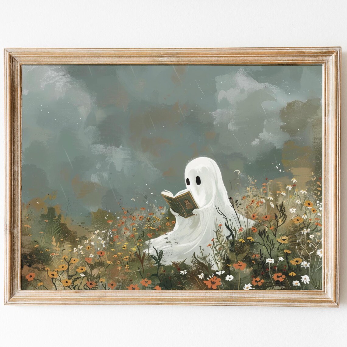 Cute Ghost Reading Print, Vintage Halloween Decor