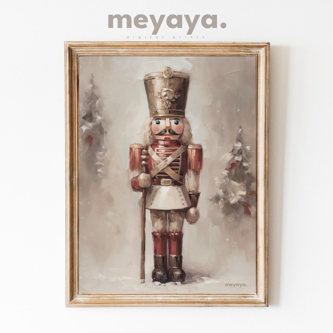 Nutcracker Oil Painting Gold Hat Staff Snowy Christmas Vintage Poster
