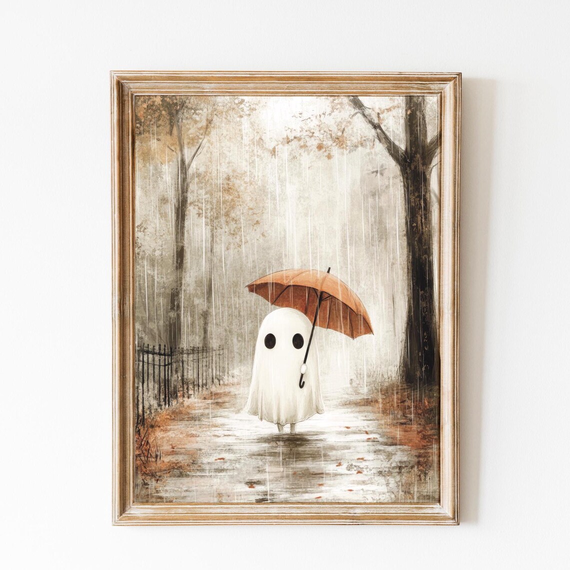 Cute Ghost in the Rain Autumn Cottagecore Art Print