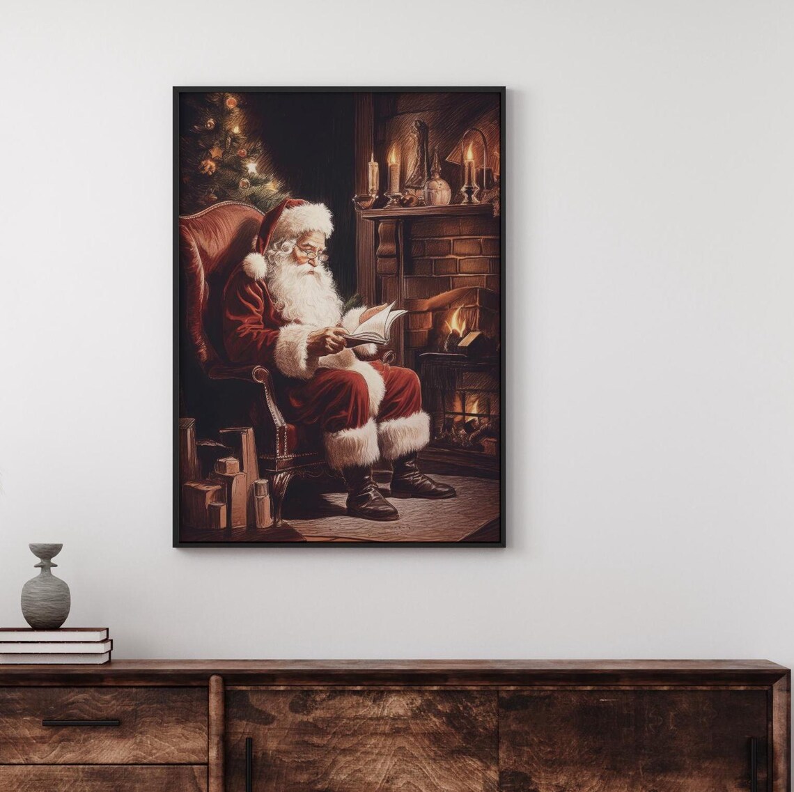 Santa Claus Print Santa Reading A Book Vintage Christmas Painting Xmas Wall Art Red Santa Poster Christmas Dark Academia Holiday Decor - Image 2