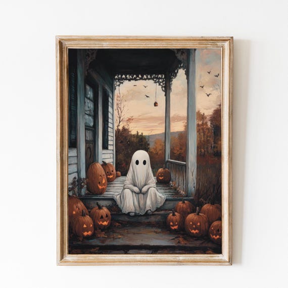 Halloween Cute Ghost On Porch Ghost Halloween Pumpkin Spooky Season Cottagecore Artwork Dark Academia Print Trendy Halloween