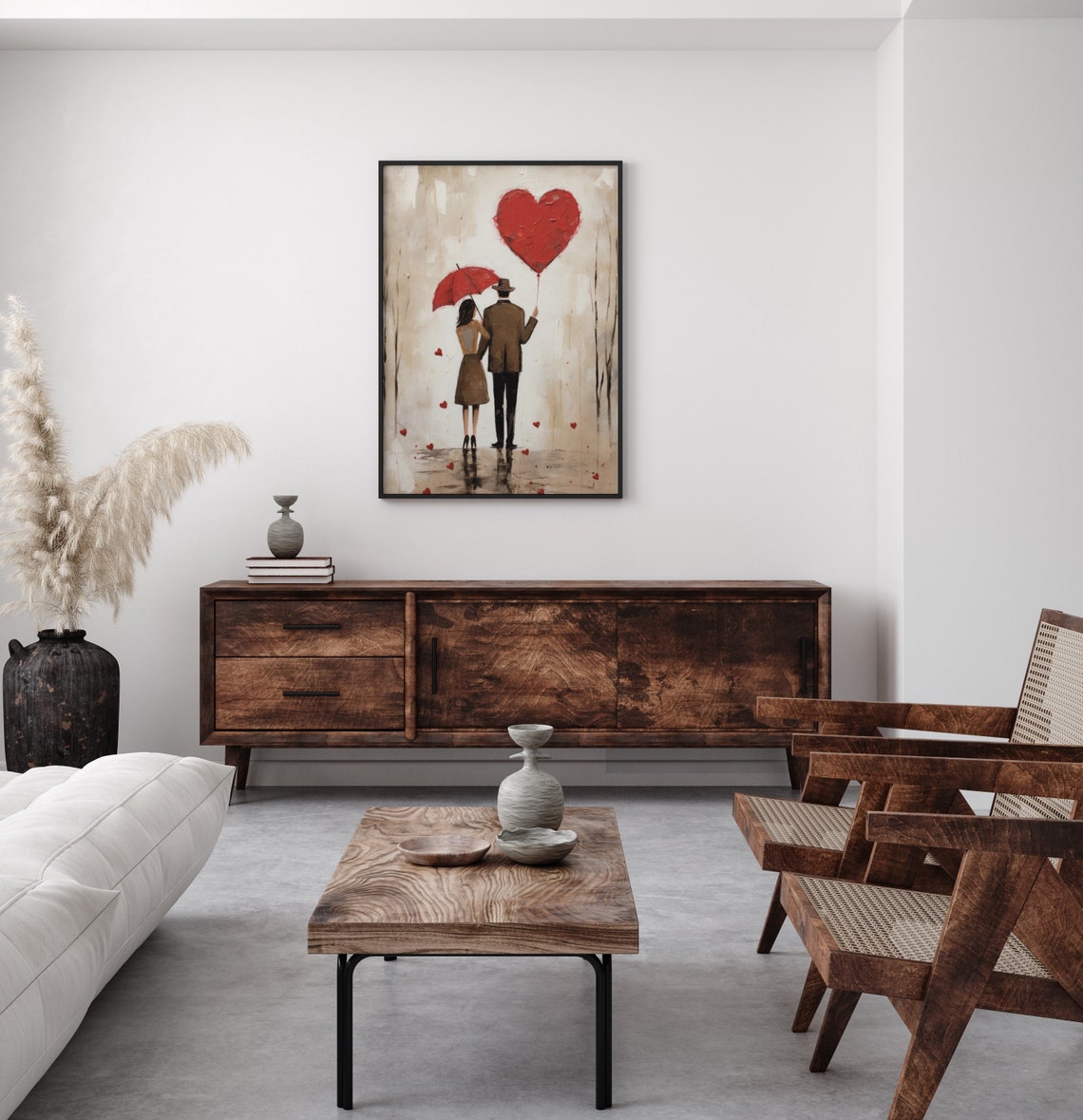Couple Red Heart Balloon Umbrella Rainy Day Romantic Art Poster - Image 3