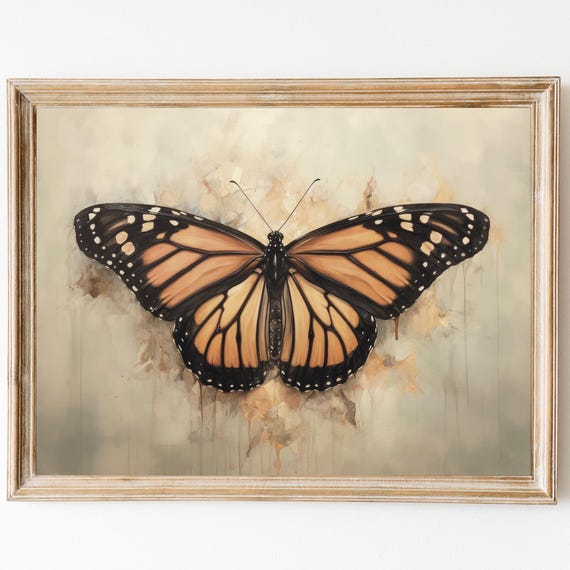 Monarch Butterfly Print Botanical Painting Moody Vintage Painting Farmhouse Decor Rustic Art Butterfly Wall Art Nature Decor