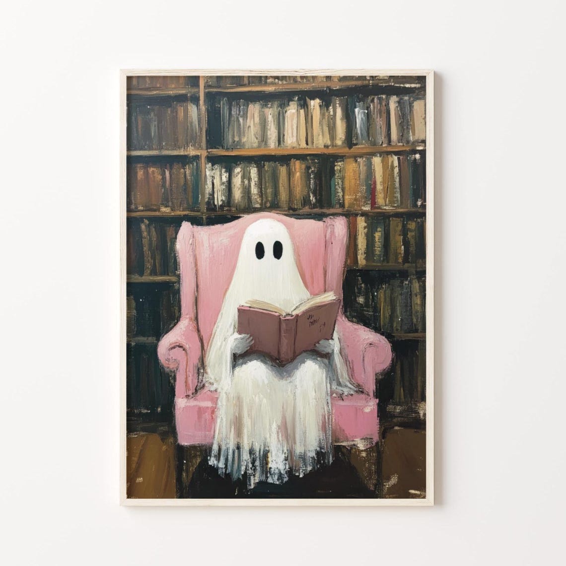 Halloween Cute Ghost Reading Spooky Ghost Print Halloween Decor Books Lovers Ghost Poster Vintage Painting Pink Halloween - Image 4