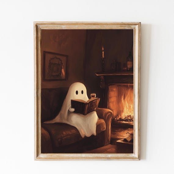 Cozy Halloween Cute Ghost Reading And Drinking Wine Print Dark Academia Cottagecore Ghost Spooky Halloween Fall Print Art
