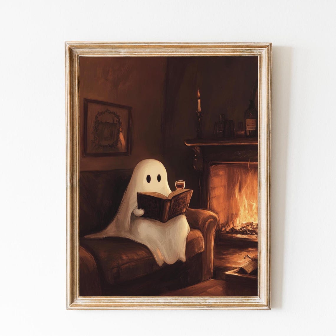 Cozy Halloween Cute Ghost Reading And Drinking Wine Print Dark Academia Cottagecore Ghost Spooky Halloween Fall Print Art