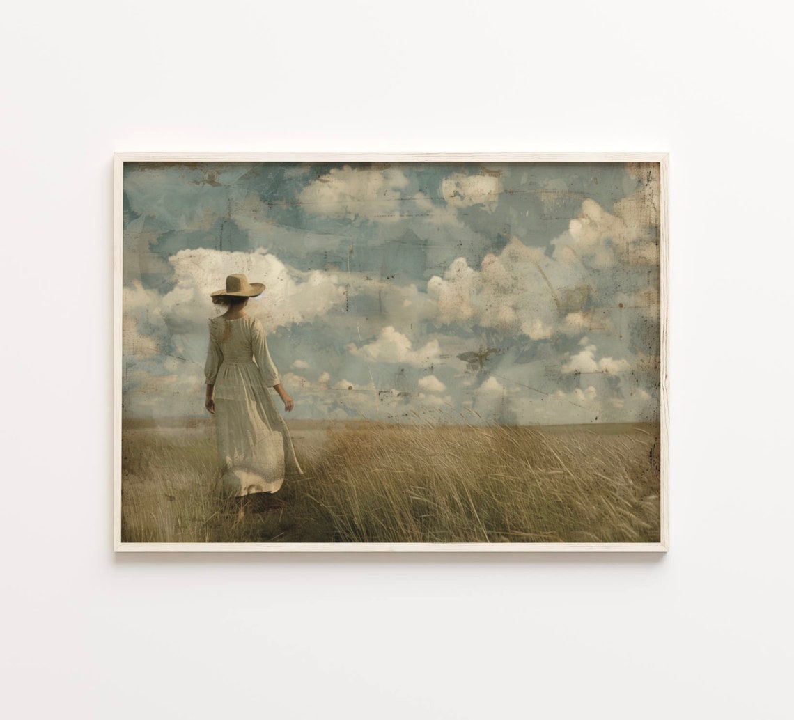 Pioneer Woman Print Muted Country Landscape Print Vintage Farmhouse Decor Woman Walking Wheat Field Painting Neutral Wall Art - Image 4