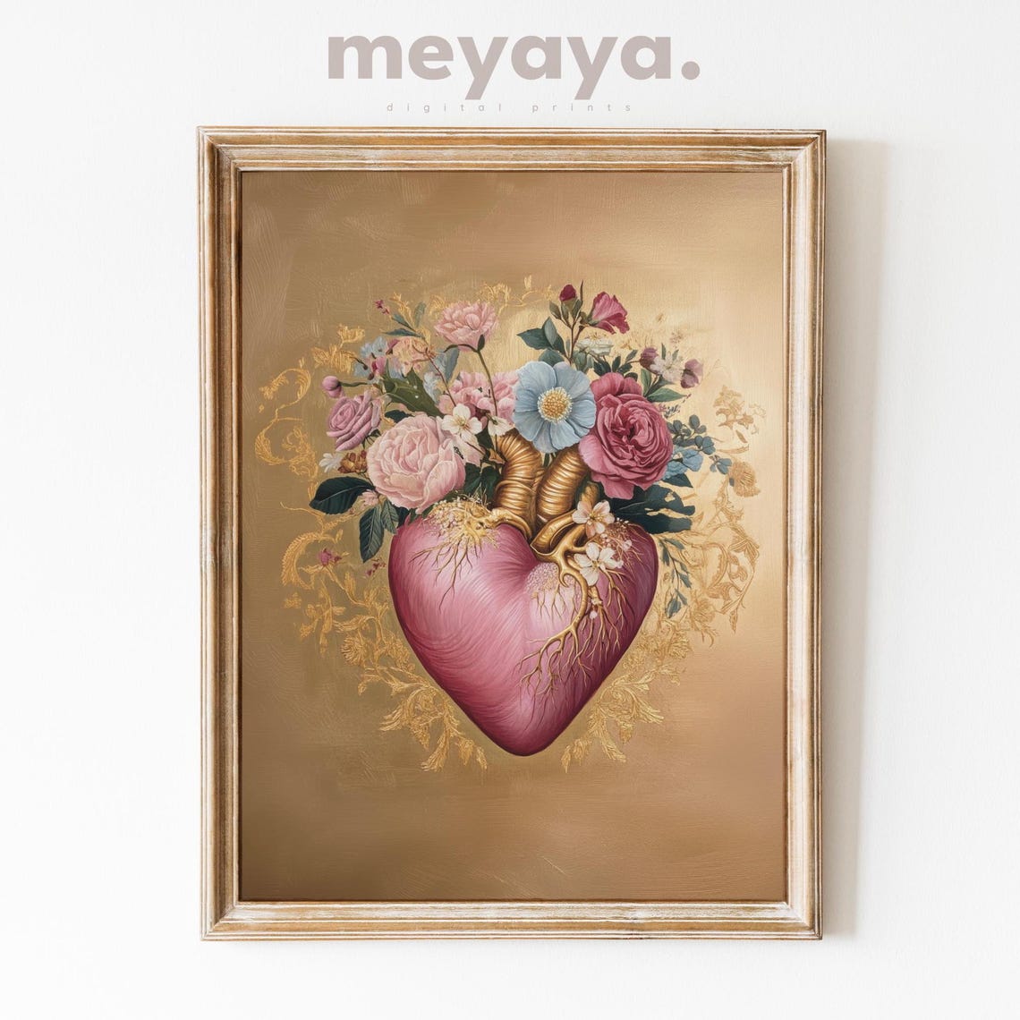Floral Gold Pink Heart Print Anatomy Heart Painting Valentines Wall Art Cardiology Gift Anatomical Heart Art Pink Decor Mexican Art