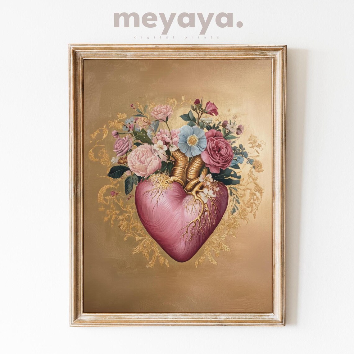 Gold Pink Floral Anatomical Heart Romantic Painting Wall Print