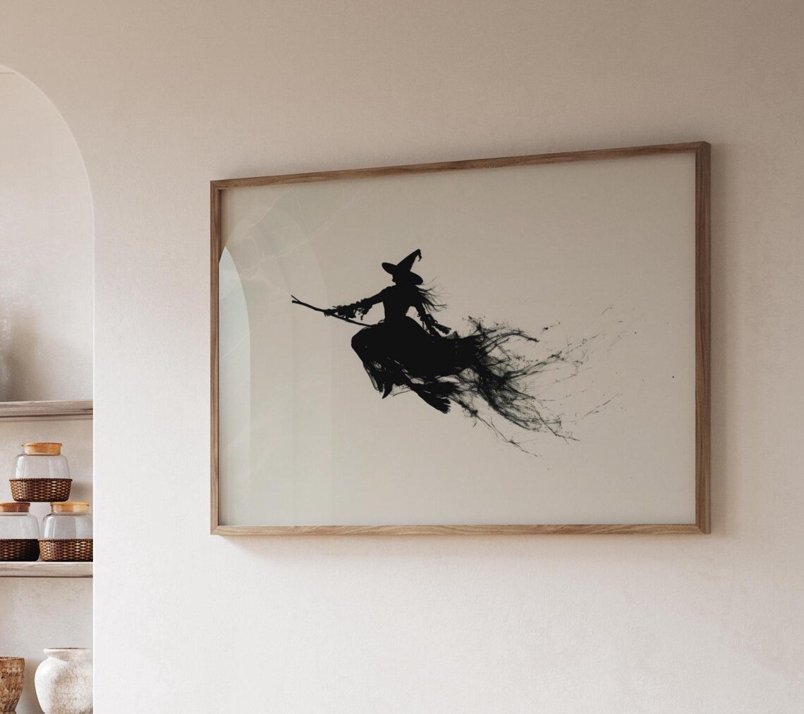 Witch Flying On A Broomstick Black Ink Silhouette Halloween Poster - Image 2