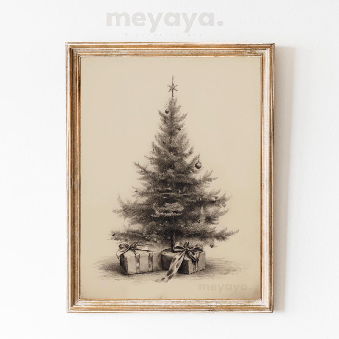 Sepia Pencil Sketch Christmas Tree With Gifts Vintage Holiday Poster