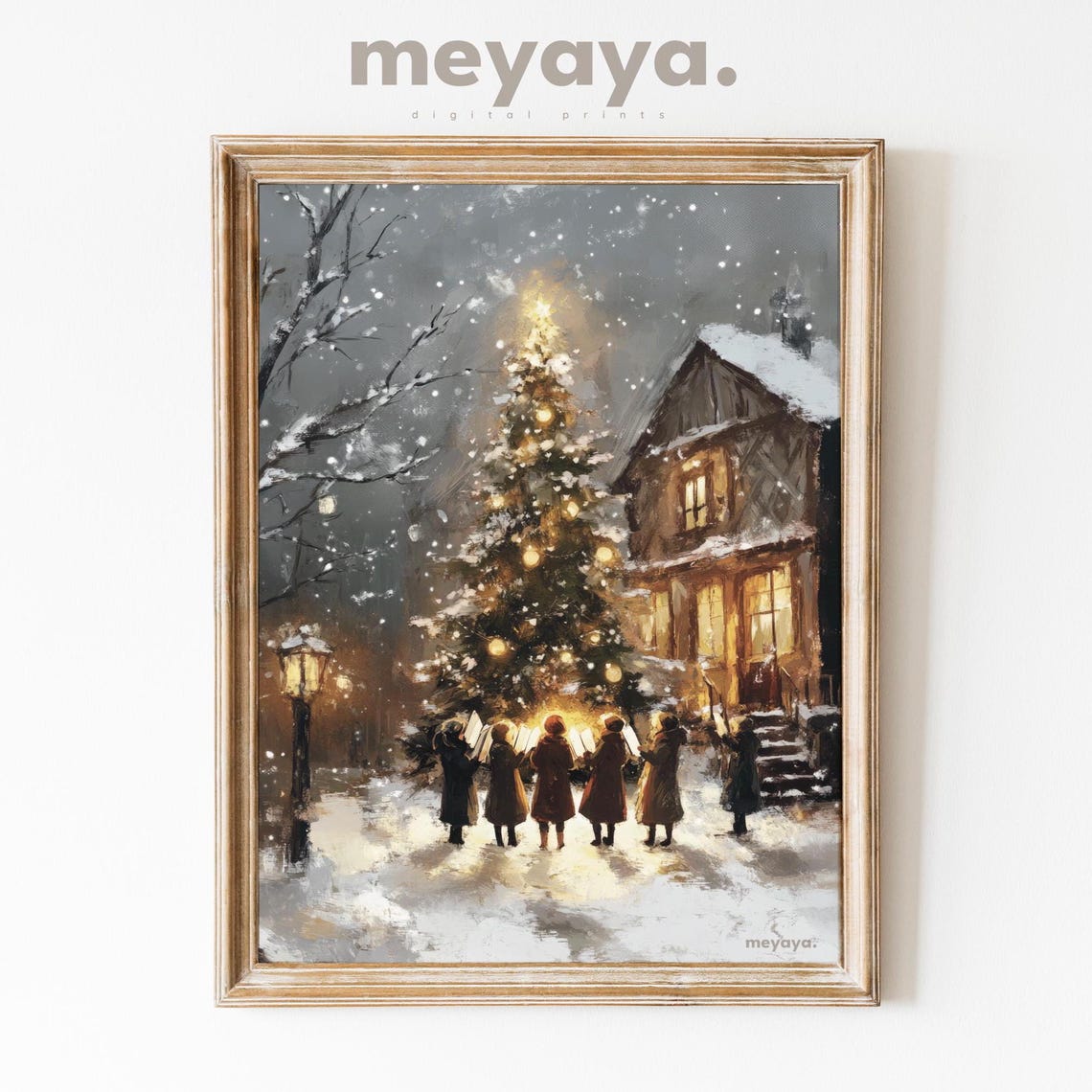 Christmas Carolers Candlelit Tree Snowy Night Vintage Poster