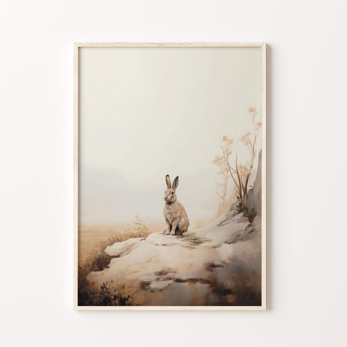 Wild Rabbit On Rocks Misty Neutral Vintage Countryside Poster - Image 4