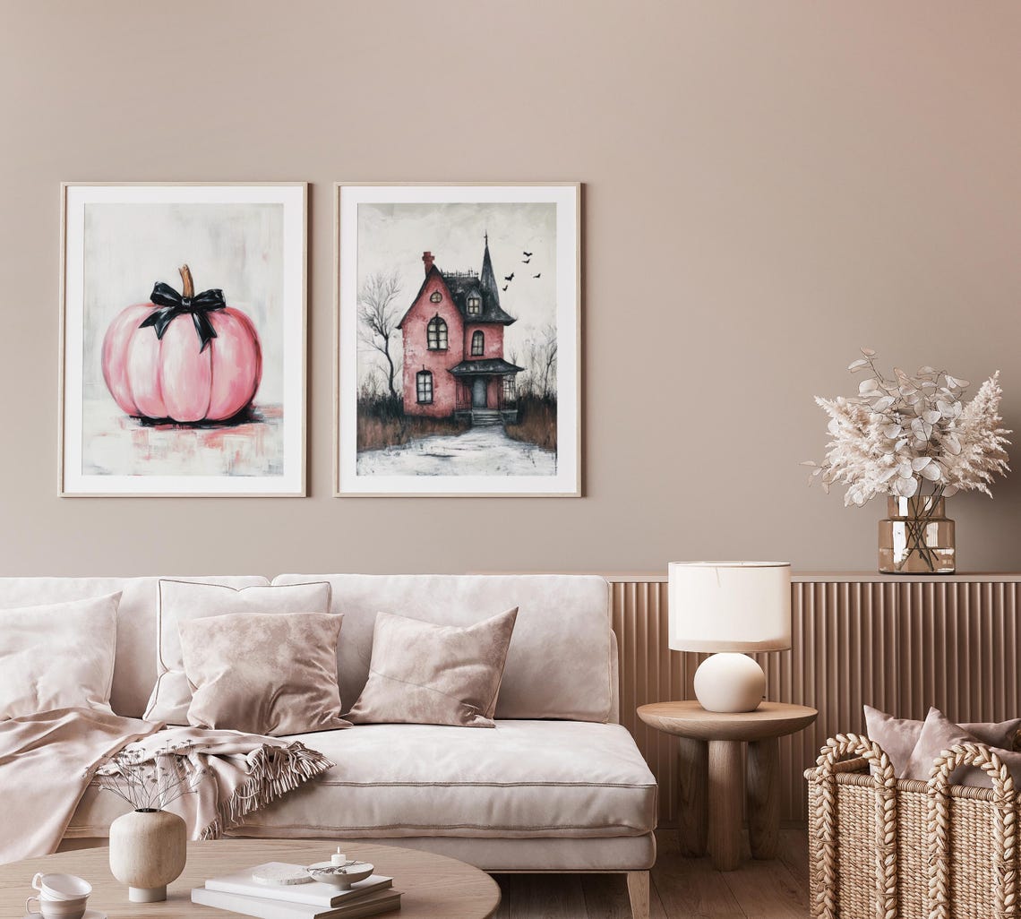 Pink Pumpkin With A Black Bow Minimalist Fall Painting Poster - Image 3
