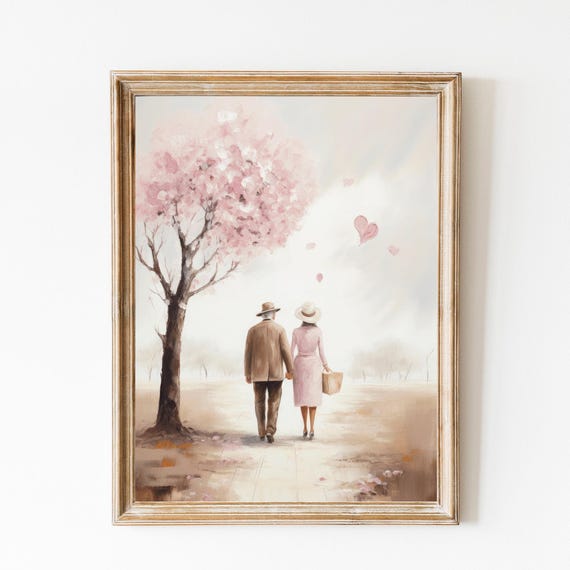 Romantic Couple Valentines Day Print Cute Valentines Gift Vintage Pink Heart Painting Cherry Blossom Wall Art Love Art Print