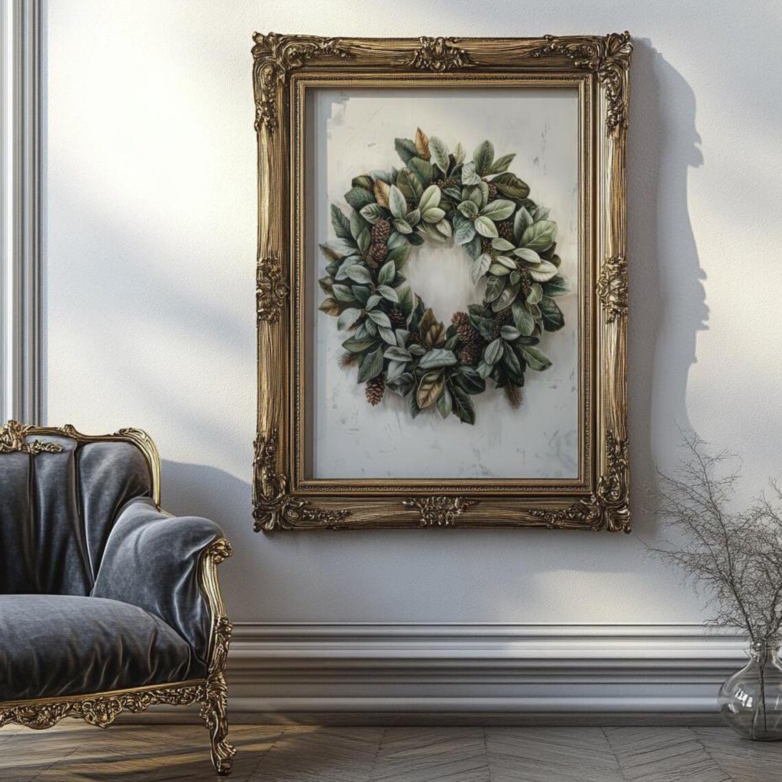 Christmas Wreath Vintage Oil Painting Art Print - Image 3