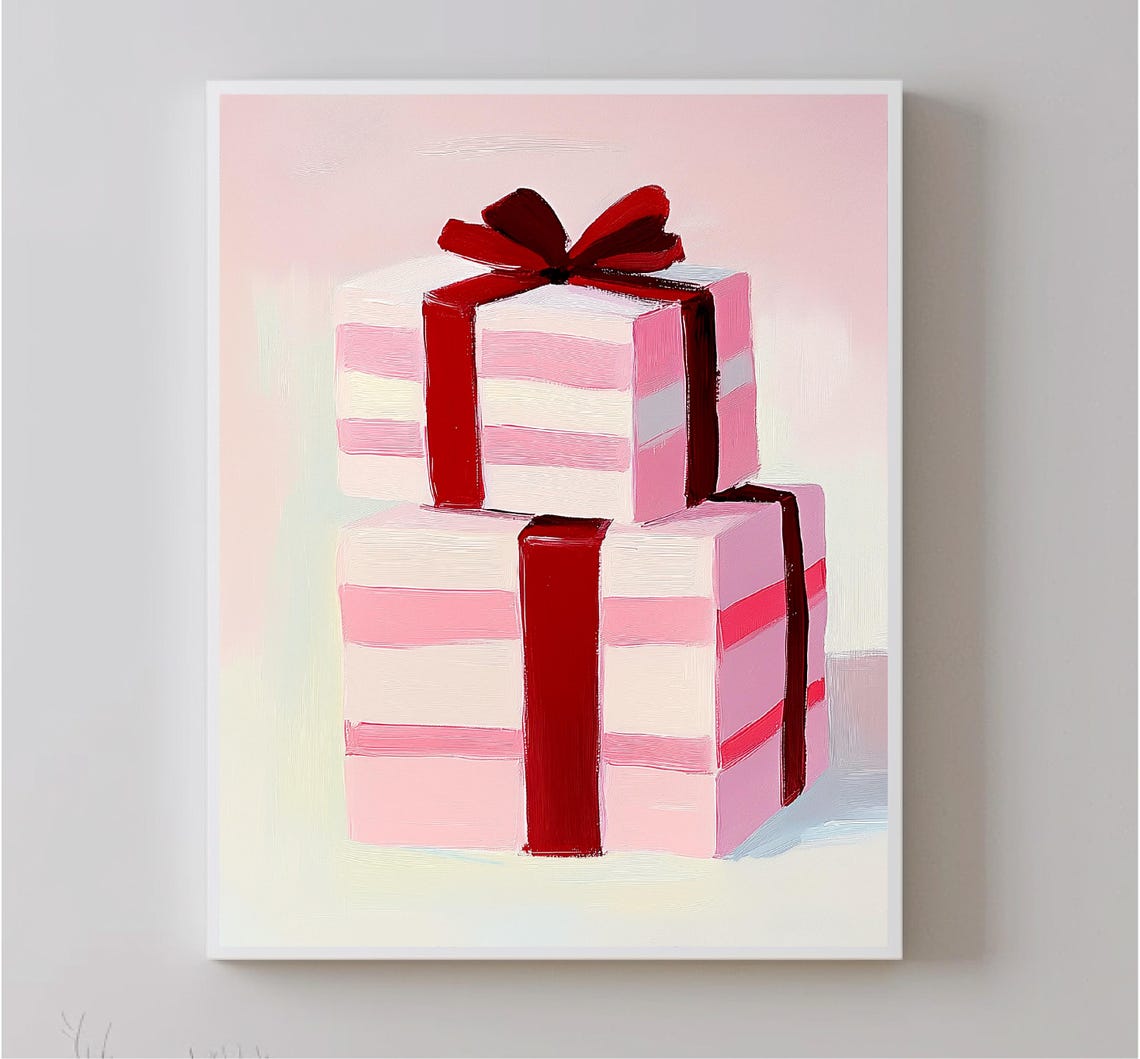 Pink Striped Christmas Gift Boxes With Red Ribbons Holiday Art Poster