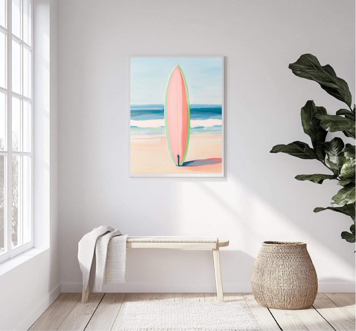 Pink Surfboard Sandy Beach Ocean Waves Retro Surf Summer Wall Art - Image 5